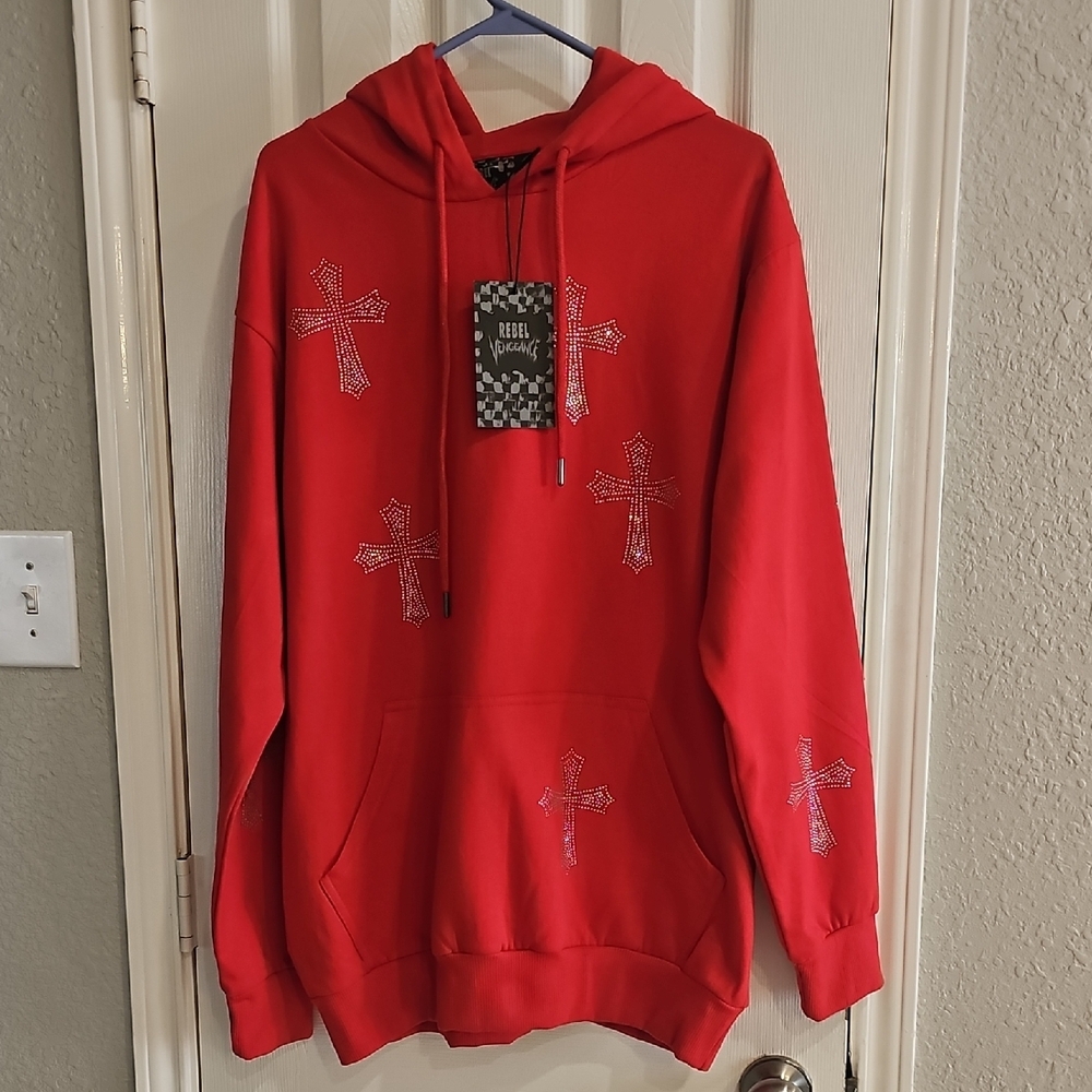 New Men's Rebel Vengeance Orange Red Rhinestone Cross Hoodie Unisex XL